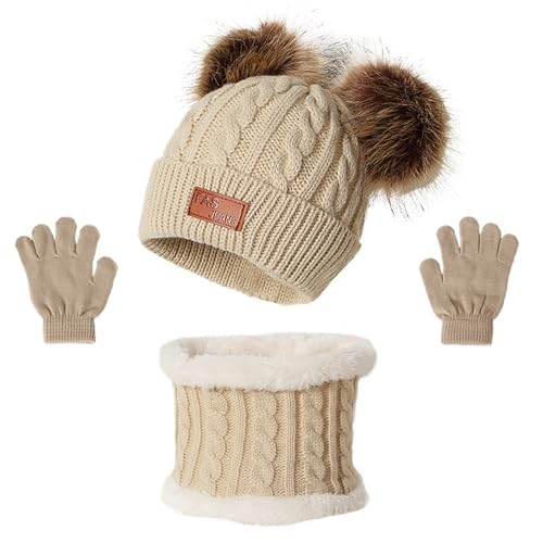CHENKEE Kinder Wintermütze Schal Handschuhe Set, 3 Stück Winter Beanie Hut Schal Handschuhe Set Baby Mütze Beanie Mütze Mädchen Strickmütze für Kinder 3-8 Jahre (Beige) von CHENKEE