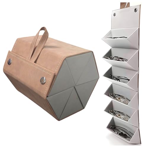 CHENKEE Sonnenbrillen Aufbewahrungsbox, 6 Fächer Faltbare Brille Displaybox Tragbar Brillenbox Aufhängbares Brillenetui für mehrer Brillen Brillenaufbewahrung (Karamell) von CHENKEE