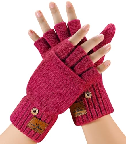 CHENMEI Fingerlose Handschuhe Herren und Damen - Halbfingerhandschuhe mit Kappe,Winter Flip Handschuhe mit Berührung,Fäustlinge Handschuhe mit Alpakawolle,Winterhandschuhe für Damen Herren von CHENMEI