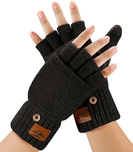CHENMEI Fingerlose Handschuhe Herren und Damen - Halbfingerhandschuhe mit Kappe,Winter Flip Handschuhe mit Berührung,Fäustlinge mit Alpakawolle,Winterhandschuhe für Damen Herren von CHENMEI