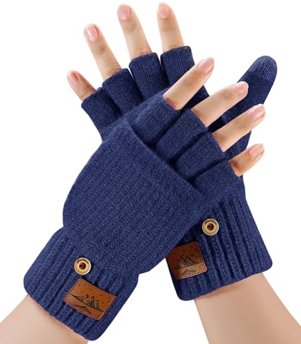 CHENMEI Fingerlose Handschuhe Herren und Damen - Halbfingerhandschuhe mit Kappe,Winter Flip Handschuhe mit Berührung,Fäustlinge mit Alpakawolle,Winterhandschuhe für Damen Herren von CHENMEI