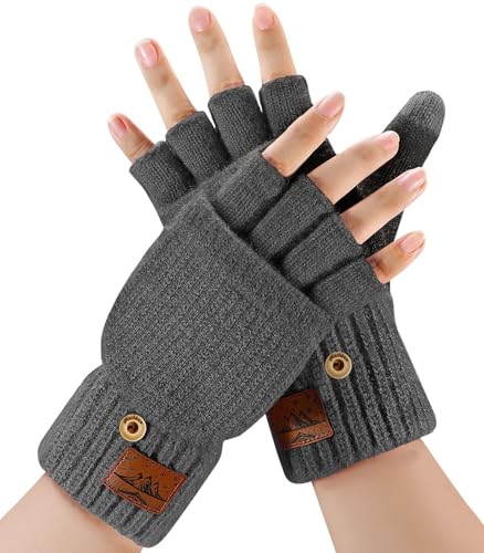 Fingerlose Handschuhe Herren und Damen - Halbfingerhandschuhe mit Kappe,Winter Flip Handschuhe mit Berührung,Fäustlinge Winterhandschuhe mit Alpakawolle für Damen Herren von CHENMEI