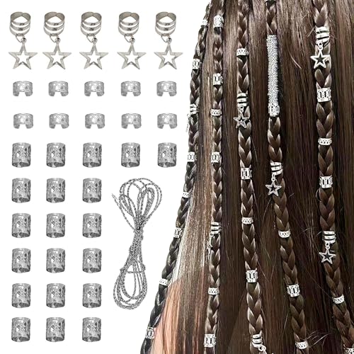 CHENNAN 36 Stück Dreadlocks Schmuck, DIY Perücke Dirty Braid Schmuck Zubehö, Flechtet Haar Schmuck, Haarspiralen Clips, Dreadlocks Perlen Flechtet Haar Schmuck, Für Männer Und Frauen Geeignet(Silber) von CHENNAN
