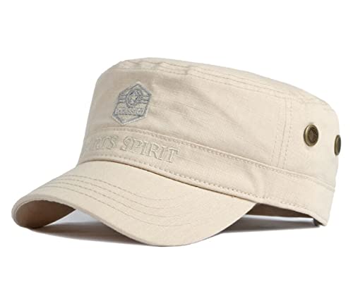 CHENNUO Herren Military Army Cap Klassisch Militär Stil Flat Top Baseballcap Wandern Sport Kappe (Beige) von CHENNUO
