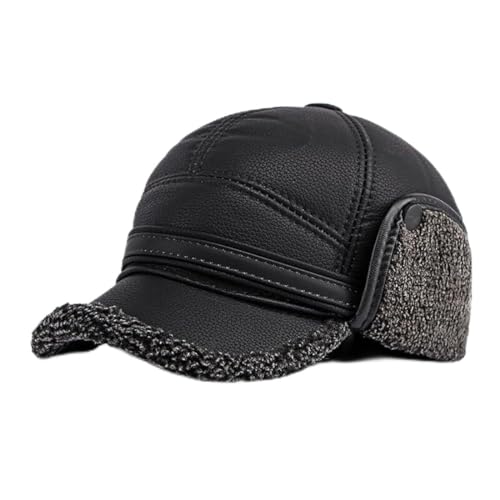 CHENNUO Herren PU Leder Baseball Cap mit Ohrenklappen & Nackenschutz Schirmmütze Winddicht Kappe (DE/NL/SE/PL, Numerisch, 58, 60, Schwarz) von CHENNUO