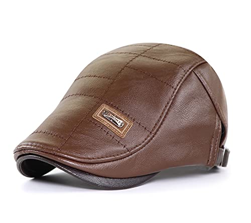 CHENNUO Leder Kappe Herren Winter PU-Leder Schiebermütze Flatcap Schirmmütze (Braun) von CHENNUO