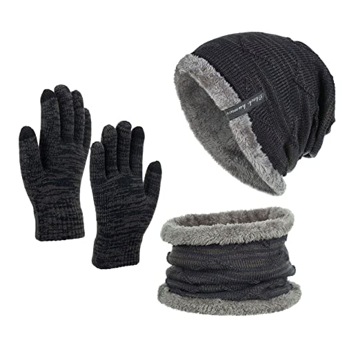 CHENNUO Mütze, Schal & Handschuh-Sets für Herren Winter Strick Mütze Stretch Beanie mit Fleecefutter im 3er-Set (Blau-059) von CHENNUO