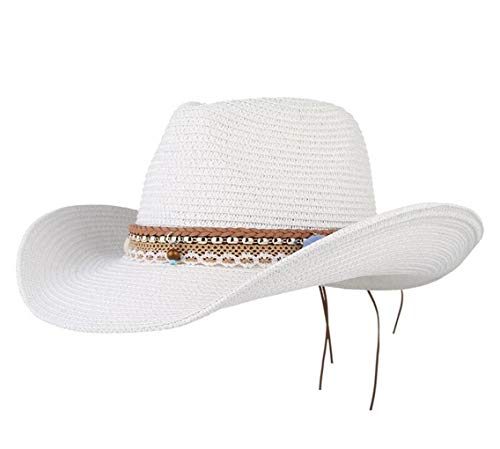 Sonnenhut Damen Strohhut Faltbar Sommer Hut Breite krempe Strandhut Cowboyhut (Weiß) von CHENNUO