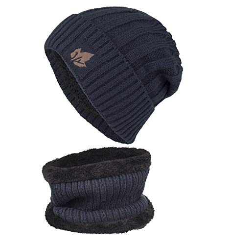 CHENNUO Wintermütze Herren Warme Fleecefutter Mütze und Schal Set Strickmütze Beanie (Blau) von CHENNUO