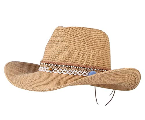 Sonnenhut Damen Strohhut Faltbar Sommer Hut Breite krempe Strandhut Cowboyhut (Braun) von CHENNUO