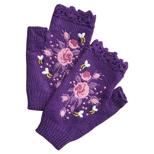 CHENRI 1 Paar Handbestickte Handschuhe, Damen Fingerlose Handschuhe, Strick Pluswärmer Handstulpen, Halb Fingerhandschuhe, Winter Armstulpen Handschuhe, Blumen Handschuhe für Frauen Mädchen (Lila) von CHENRI