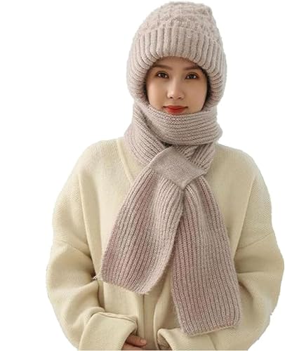 CHENRI Damen Verdickter Warmer Einteiliger Hutschal, 2 in 1 Winterschal Mütze, Integrierter Gehörschutz Winddichte Mütze Schal, Winter Warm Strickmütze, Kapuzenschal für Frauen (1, Beige, Eine Größe) von CHENRI