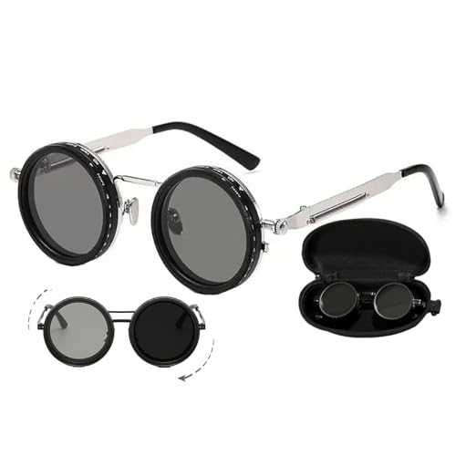 Verstellbare Getönte Runde Polarisierte Gläser Retro-Sonnenbrille, 1-9 Gang verstellbare Sonnenbrille mit ND-Filter, Polarisierte Sonnenbrille mit verstellbarer Tönung für Herren Damen (Silber) von CHENRI