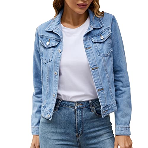 CHENSIYU Damen Jeansjacke Reverskragen Kurz Lässige Jeansjacke mit Knöpfen Stretchjacke Sommer Frühlingsmantel Leichte Jeansjacke Mantel Outwear von CHENSIYU