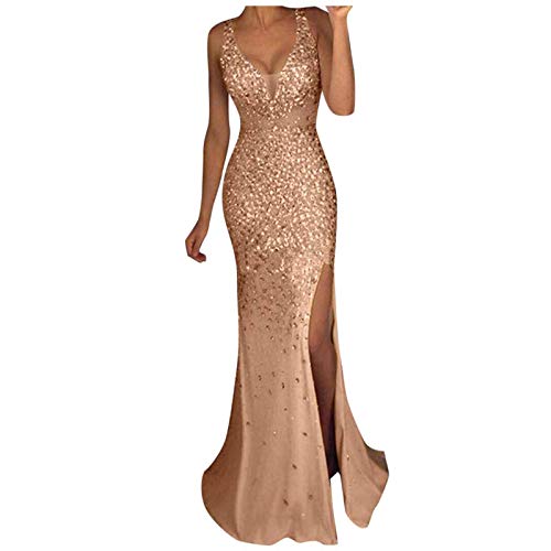 CHENSIYU Glitzer Kleid Damen Party V-Ausschnitt Winterkleid Langarm Festliches Cocktailkleid Sexy Kleid Lang Etuikleid Partykleid mit Schlitz Elegant Bodycon Tunika Abendkleid von CHENSIYU