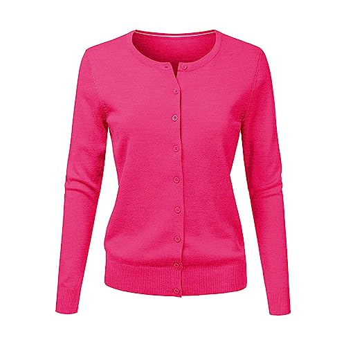 CHENSIYU Strickjacke Damen Cardigan Elegant Einfarbig Kurz Strickmantel Pullover Herbst Winter Strickpullover Jacke mit Knopf (Hot Pink, L) von CHENSIYU