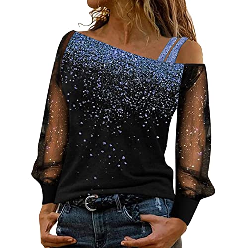 Glitzer Oberteile Damen Sexy, Lässig Pailletten Oberteile Sexy Tshirt Netz Langarm Einfarbig Shirt Rundhals Bluse Frauen Sommer Party Tunika Tops von CHENSIYU