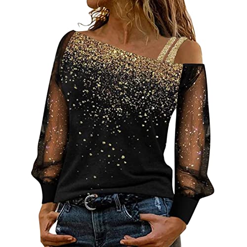 Glitzer Oberteile Damen Sexy, Lässig Pailletten Oberteile Sexy Tshirt Netz Langarm Einfarbig Shirt Rundhals Bluse Frauen Sommer Party Tunika Tops von CHENSIYU