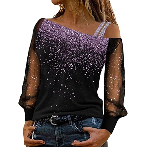 Glitzer Oberteile Damen Sexy, Lässig Pailletten Oberteile Sexy Tshirt Netz Langarm Einfarbig Shirt Rundhals Bluse Frauen Sommer Party Tunika Tops von CHENSIYU