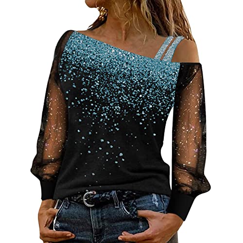 Glitzer Oberteile Damen Sexy, Lässig Pailletten Oberteile Sexy Tshirt Netz Langarm Einfarbig Shirt Rundhals Bluse Frauen Sommer Party Tunika Tops von CHENSIYU