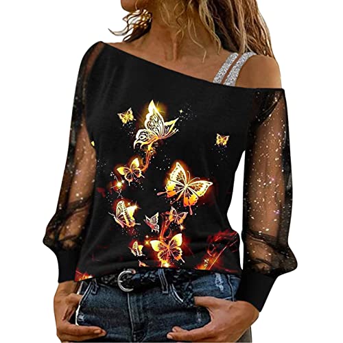 Glitzer Oberteile Damen Sexy, Lässig Pailletten Oberteile Sexy Tshirt Netz Langarm Einfarbig Shirt Rundhals Bluse Frauen Sommer Party Tunika Tops von CHENSIYU