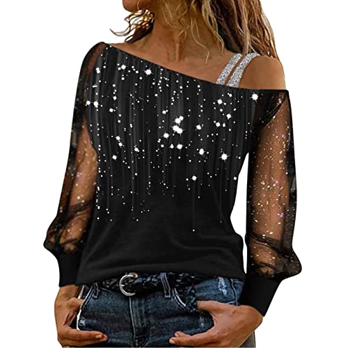 Glitzer Oberteile Damen Sexy, Lässig Pailletten Oberteile Sexy Tshirt Netz Langarm Einfarbig Shirt Rundhals Bluse Frauen Sommer Party Tunika Tops von CHENSIYU