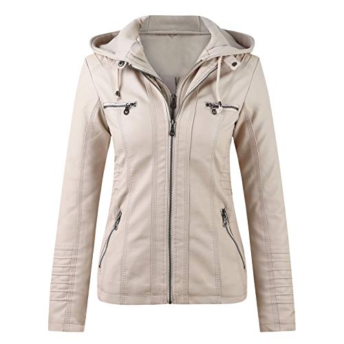 Lederjacke Damen Kunstleder Jacke Damen Lederjacke mit Kapuzen Große Größen Herbst Winter Langarm Motorrad Jacke Winterjacke Slim Fit Hoodie Mantel Streetwear mit Reißverschluss Tasche (Beige, M) von CHENSIYU