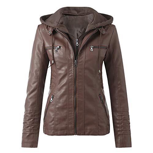 Lederjacke Damen Kunstleder Jacke Damen Lederjacke mit Kapuzen Große Größen Herbst Winter Langarm Motorrad Jacke Winterjacke Slim Fit Hoodie Mantel Streetwear mit Reißverschluss Tasche (Brown, XXXXL) von CHENSIYU