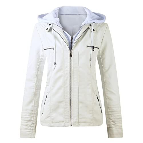 Lederjacke Damen Kunstleder Jacke Damen Lederjacke mit Kapuzen Große Größen Herbst Winter Langarm Motorrad Jacke Winterjacke Slim Fit Hoodie Mantel Streetwear mit Reißverschluss Tasche (White, XL) von CHENSIYU