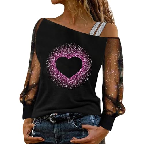 Pailletten Shirt Damen Glitzer Oberteile Damen Sexy, Lässig Pailletten Oberteile Sexy Tshirt Netz Langarm Einfarbig Shirt Rundhals Bluse Frauen Sommer Party Tunika Tops (Y2-1-Pink, XL) von CHENSIYU