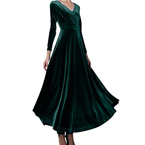 Samtkleid Damen Elegant Lang Festlich Samt Rot Cocktailkleid Abendkleider Bodycon Sexy Silvester Kleid Langarm Grün Partykleid V-Ausschnitt A Linie Winterkleid (Green, M) von CHENSIYU