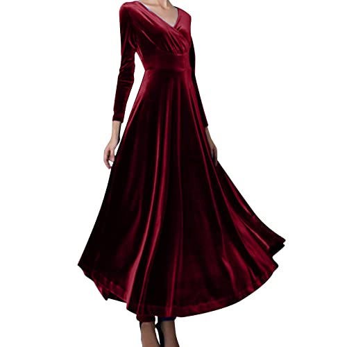 Samtkleid Damen Elegant Lang Festlich Samt Rot Cocktailkleid Abendkleider Bodycon Sexy Silvester Kleid Langarm Grün Partykleid V-Ausschnitt A Linie Winterkleid (Wine, M) von CHENSIYU