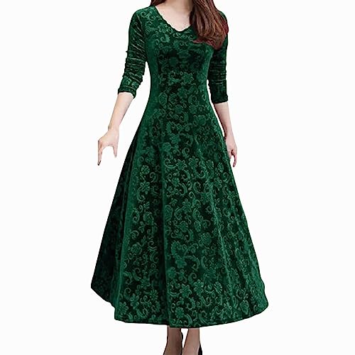 Samtkleid Damen Langarm Elegant V-Ausschnitt Samtkleid Samt Hohe Taille Abendkleid Lang Sexy Partykleid Swing A-Linie Kleid Slim Ballkleid Retro Cocktailkleid Herbst Winter (Green, XXXL) von CHENSIYU