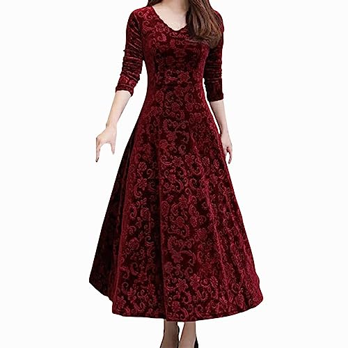 Samtkleid Damen Langarm Elegant V-Ausschnitt Samtkleid Samt Hohe Taille Abendkleid Lang Sexy Partykleid Swing A-Linie Kleid Slim Ballkleid Retro Cocktailkleid Herbst Winter (Red, XL) von CHENSIYU