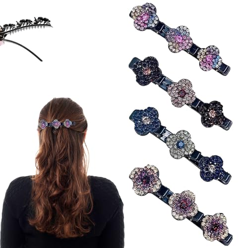 Geflochtene Haarspangen mit funkelnden Kristallsteinen, geflochtene Haarspangen für Damen, doppellagige Haarspangen, geflochtene Haarspange, vierblättriges Kleeblatt, Haarspangen zum Stylen, 4 Stück von CHENYUOUYANG