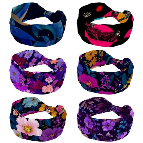 6 Stück Tanz-Skelett-Stirnbänder mit farbigen Kreisen, breite Stirnbänder für Damen, geknotet, rutschfest, weich, Turban-Stirnband, Haar-Accessoires von CHENZZZZ