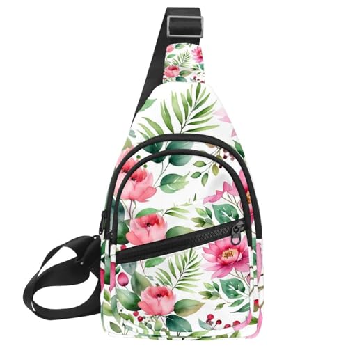 Kleiner Sling Rucksack Crossbody Sling Bag Brusttasche Daypack Rosa Blumen mit Blättern, Mehrfarbig 12, 11.8x7x1.5in/30x18x4cm von CHENZZZZ