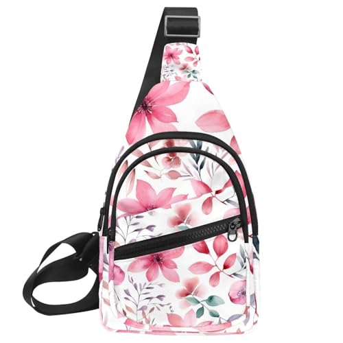 Kleiner Sling Rucksack Crossbody Sling Bag Brusttasche Daypack Rosa Blumen mit Blättern, Mehrfarbig 13, 11.8x7x1.5in/30x18x4cm von CHENZZZZ