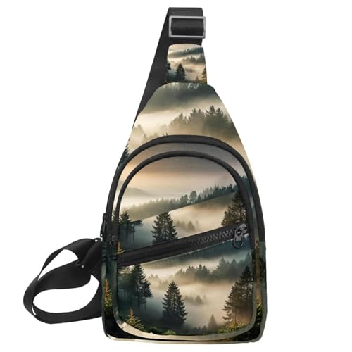 Misty Pine Forest am Berghang im Naturschutzgebiet Crossbody Bag mit verstellbarem Schultergurt, Schultertasche für Damen und Herren, Sling Rucksack für Reisen, Radfahren, Arbeit, Sport, Mehrfarbig von CHENZZZZ