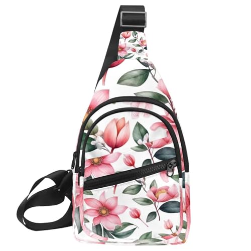 Rosa Blumen mit Blättern Crossbody Tasche mit verstellbarem Schultergurt Schultertasche für Damen und Herren Sling Rucksack für Reisen, Radfahren, Arbeit, Sport, Mehrfarbig 03, 11.8x7x1.5in/30x18x4cm von CHENZZZZ