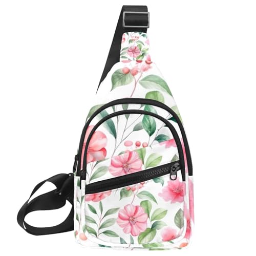 Rosa Blumen mit Blättern Crossbody Tasche mit verstellbarem Schultergurt Schultertasche für Damen und Herren Sling Rucksack für Reisen, Radfahren, Arbeit, Sport, Mehrfarbig 17, 11.8x7x1.5in/30x18x4cm von CHENZZZZ