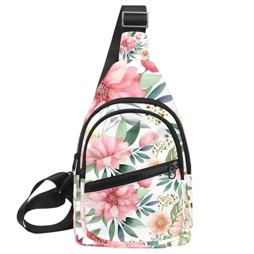 Rosa Blumen mit Blättern Crossbody Tasche mit verstellbarem Schultergurt Schultertasche für Damen und Herren Sling Rucksack für Reisen, Radfahren, Arbeit, Sport, Multicolor 08, 11.8x7x1.5in/30x18x4cm von CHENZZZZ