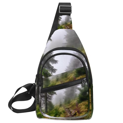Umhängetasche für Damen und Herren, Motiv: Misty Pine Forest am Berghang in einem Naturschutzgebiet, Umhängetasche, Schultertasche, Rucksack, Bauchtasche, Reise-Geldbörse, Mehrfarbig 04, von CHENZZZZ