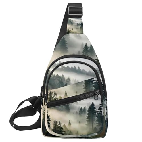 Umhängetasche für Damen und Herren, Motiv: Misty Pine Forest am Berghang in einem Naturschutzgebiet, Umhängetasche, Schultertasche, Rucksack, Bauchtasche, Reise-Geldbörse, Mehrfarbig 14, von CHENZZZZ