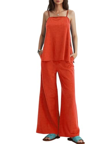 CHERFLY Damen 2-teiliges Outfit Lässige Jumpsuit Ärmellose Sommer T Shirt Verstellbare Träger Tanktop Weite Beinhose mit Taschen(Karamellbraun,2XL) von CHERFLY