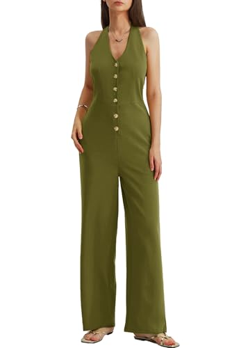 CHERFLY Damen Jumpsuit Elegant Sommer Ärmellos Knöpfe V-Ausschnitt Halter Rückenfrei Overall Weites Bein mit Taschen(Armeegrün,M) von CHERFLY