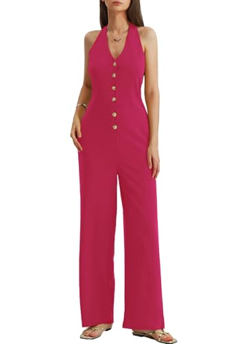 CHERFLY Damen Jumpsuit Elegant Sommer Ärmellos Knöpfe V-Ausschnitt Halter Rückenfrei Overall Weites Bein mit Taschen(Kirsche Rosa,S) von CHERFLY