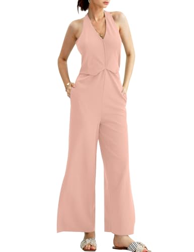 CHERFLY Damen Jumpsuit Elegant Sommer Ärmellos V-Ausschnitt Halter Rückenfrei Seitenschlitz Overall Weites Bein mit Taschen(Blassrosa,2XL) von CHERFLY