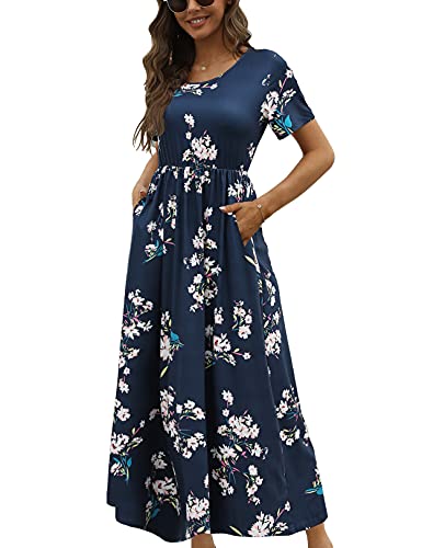 CHERFLY Damen Sommer Maxikleid Casual Elegant Freizeitkleid Kurze Ärmel mit Taschen (Blumen auf Schwarzblau,S) von CHERFLY