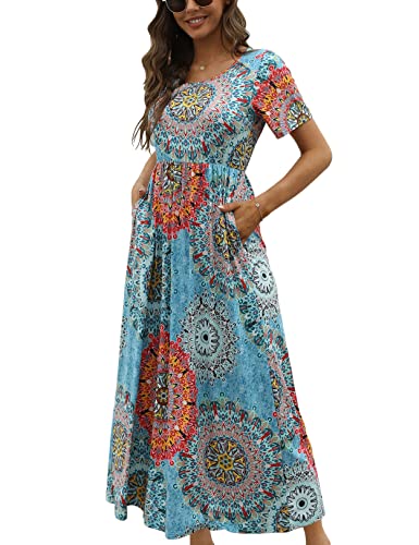 CHERFLY Damen Sommer Maxikleid Casual Elegant Freizeitkleid Kurze Ärmel mit Taschen (Floral Mix Blau,L) von CHERFLY